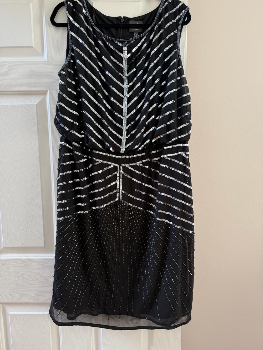 Adrianna Papell Black Dress with Silver Sequin Stripes